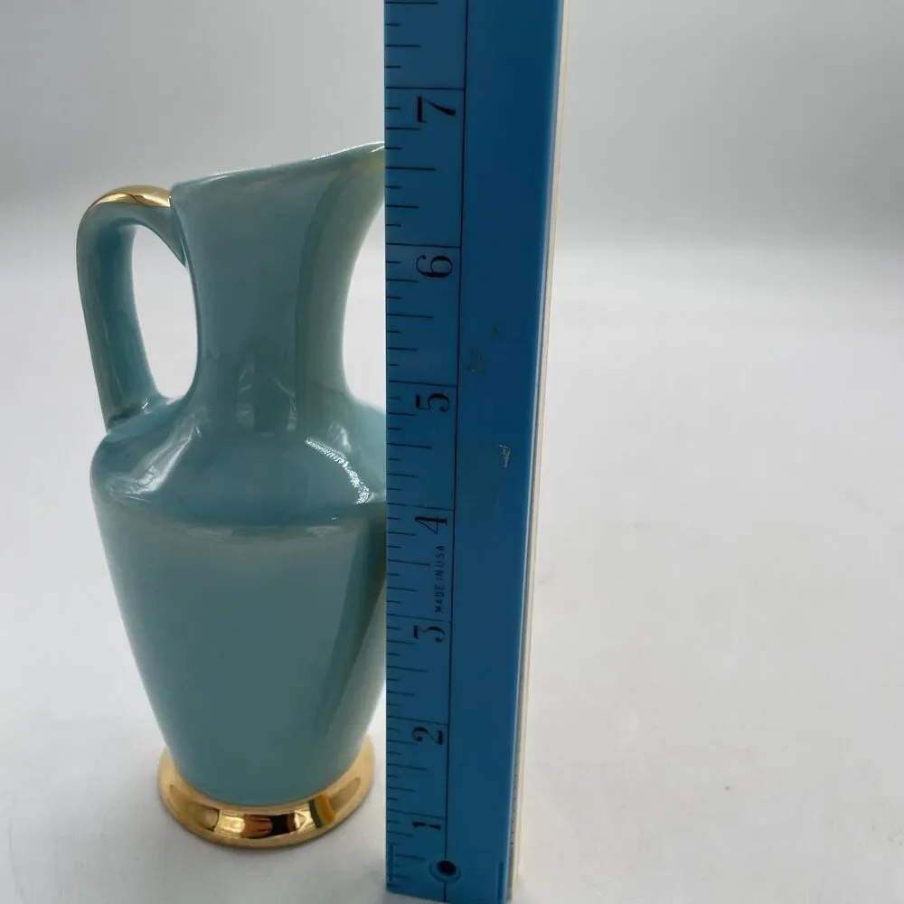 Vintage American Art Pottery Blue with Gold Gilt 7” Pitcher Vase Signed USA 210